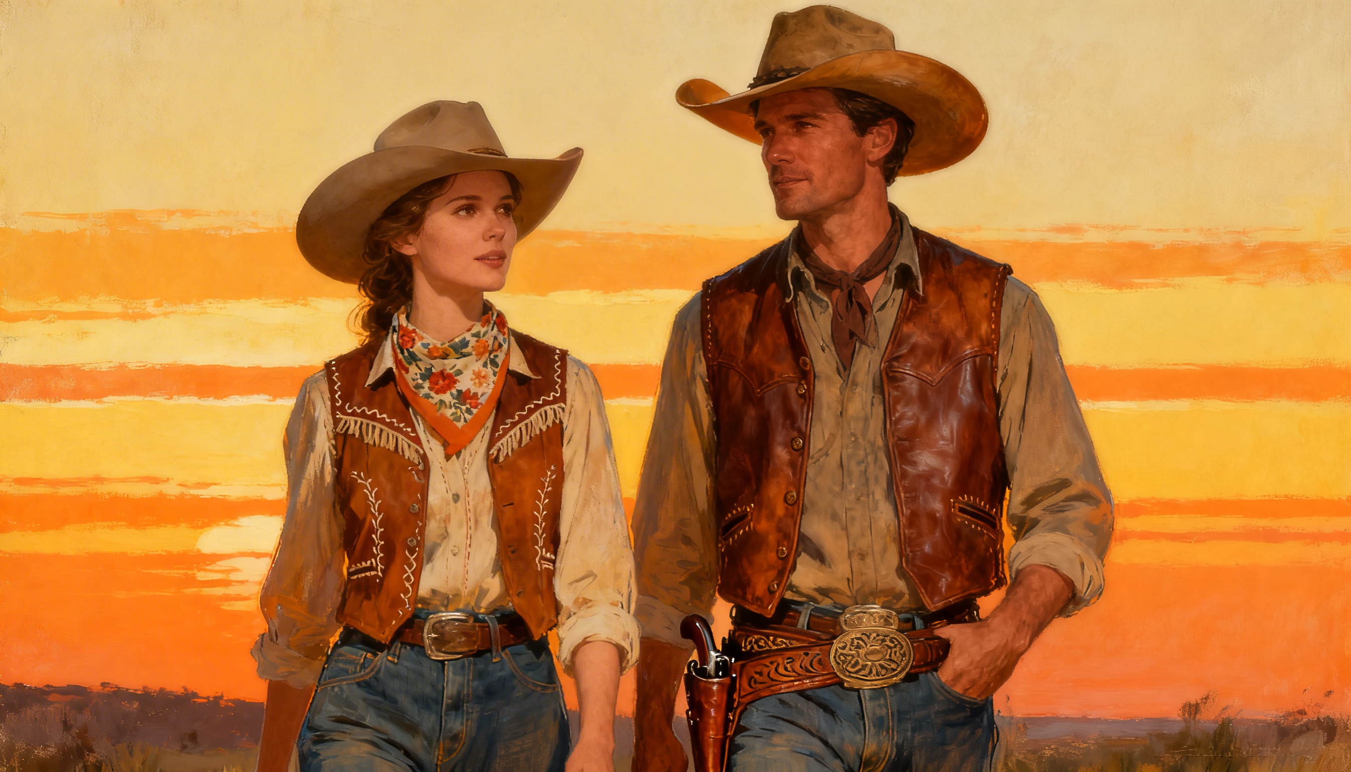 YEP Casino – western hangulatú banner, cowboy és cowgirl a sivatagban naplementekor
